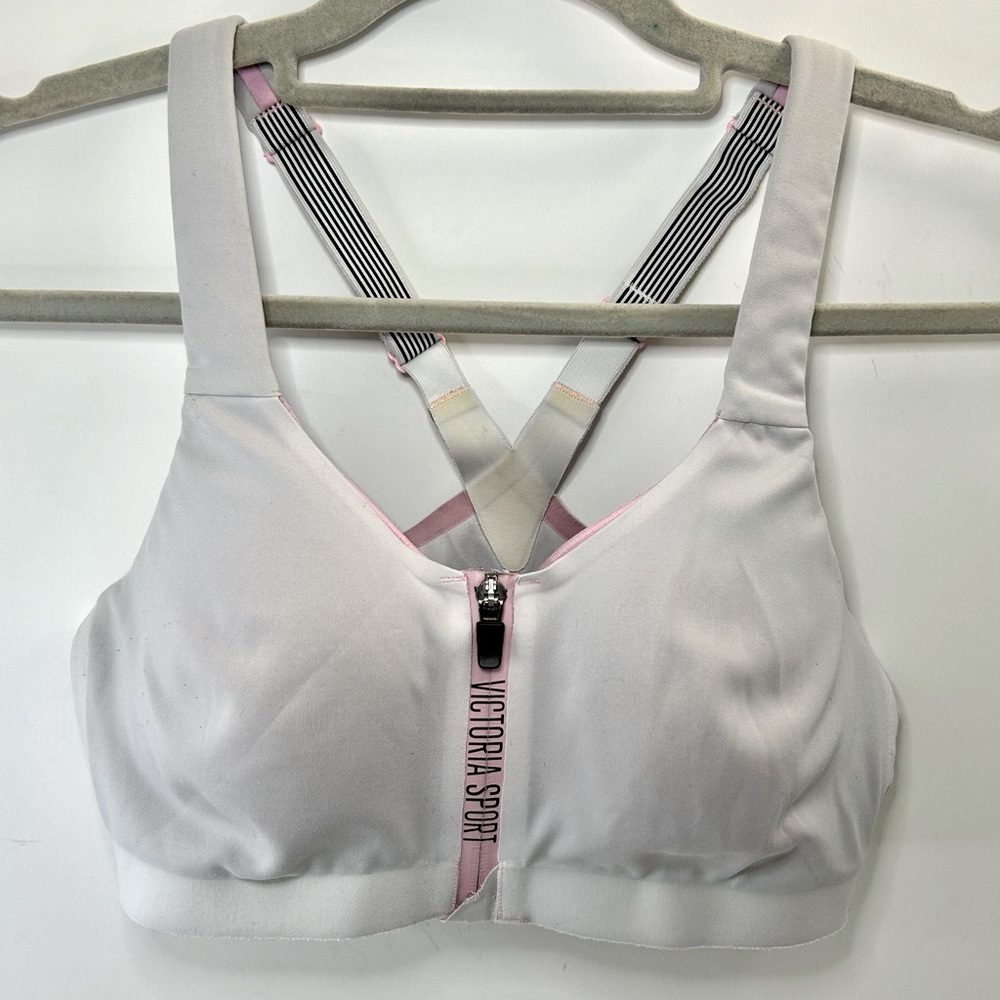 Victoria Sport Grey & Pink Sports Bra Zipper Front Built In Bra 34C